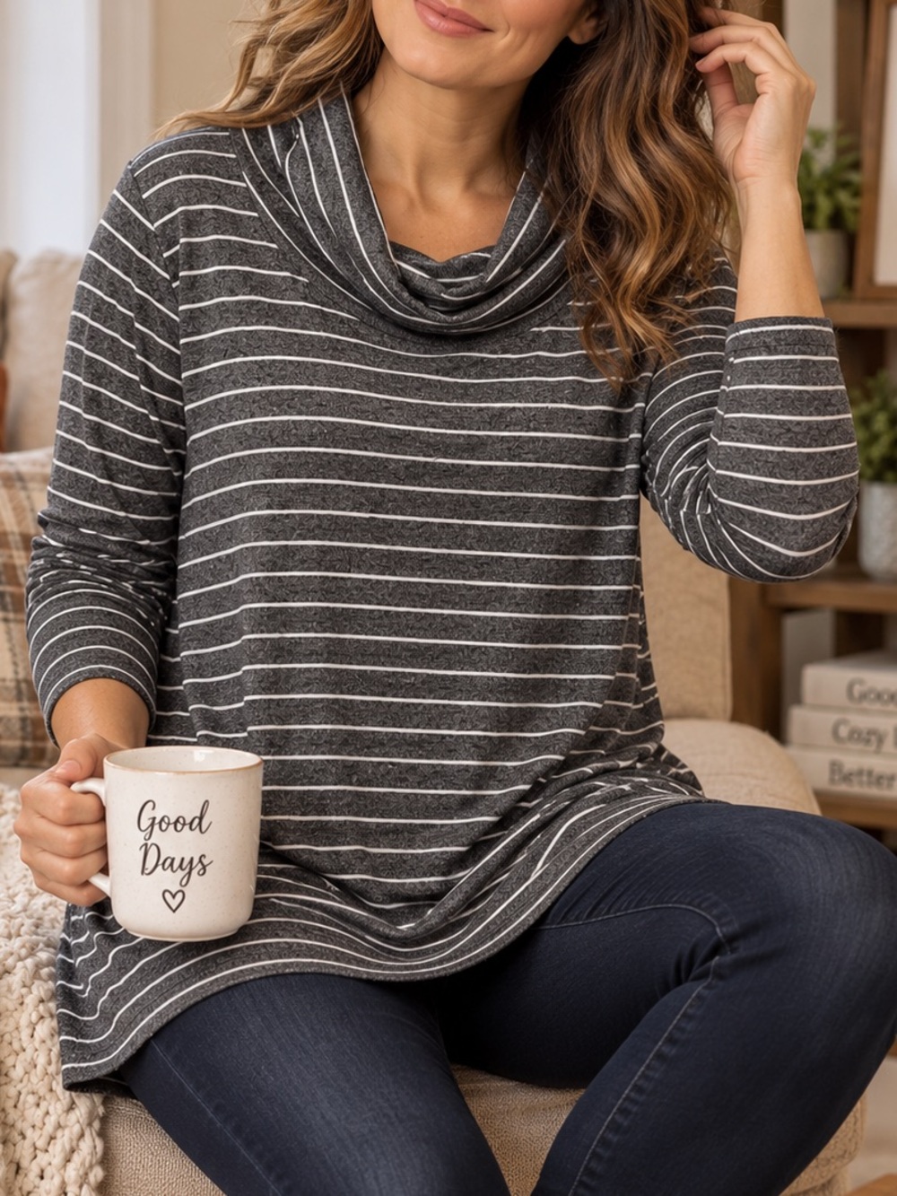 Chico’s Striped Cowl Neck Tunic Top Gray White Size 2 L